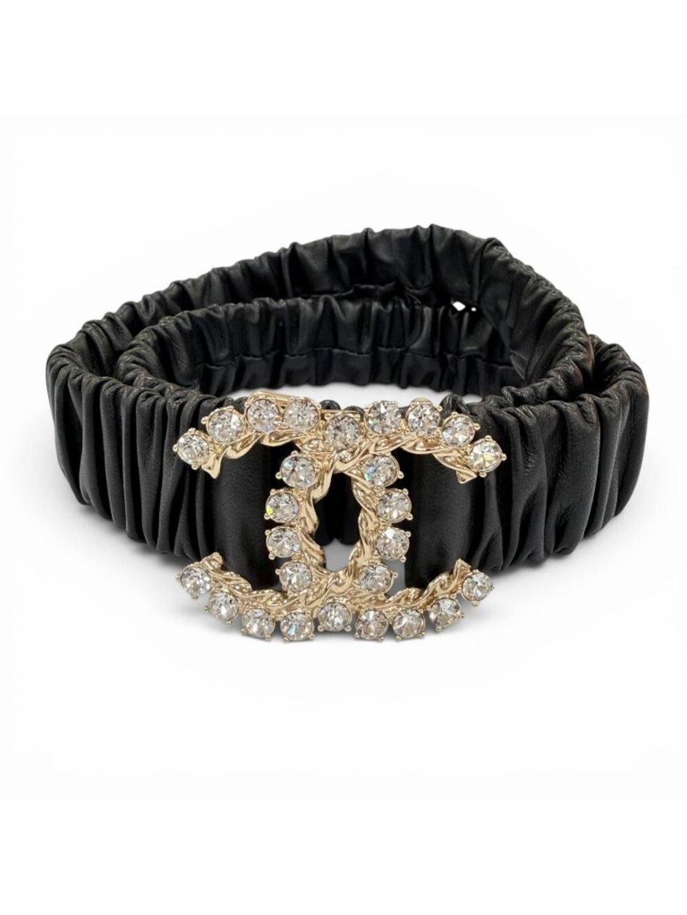 Chanel 21c CC Logo Rhinestone Leather Rubber Belt Black Gold